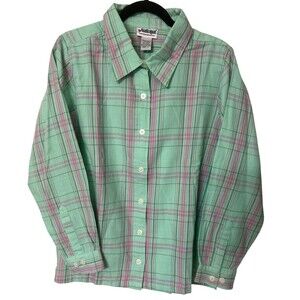 National Womens Sz L Plaid Mint Green Pink Button Down Cotton Long Sleeves Top